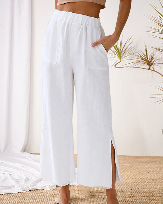 Pocket solid color casual slit pants