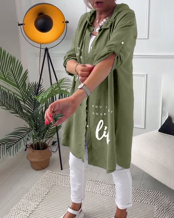 Hooded button-down coat with printed letters