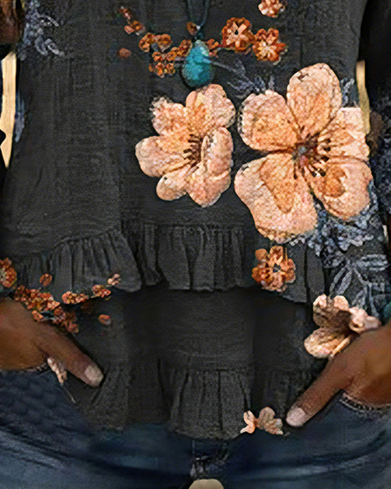 V-Neck Vintage Floral Loose Fit Blouse