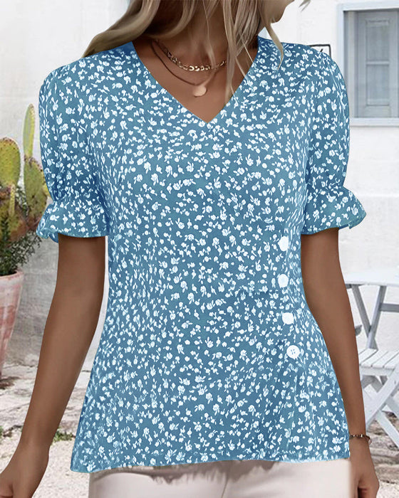 V-neck floral short-sleeved blouse