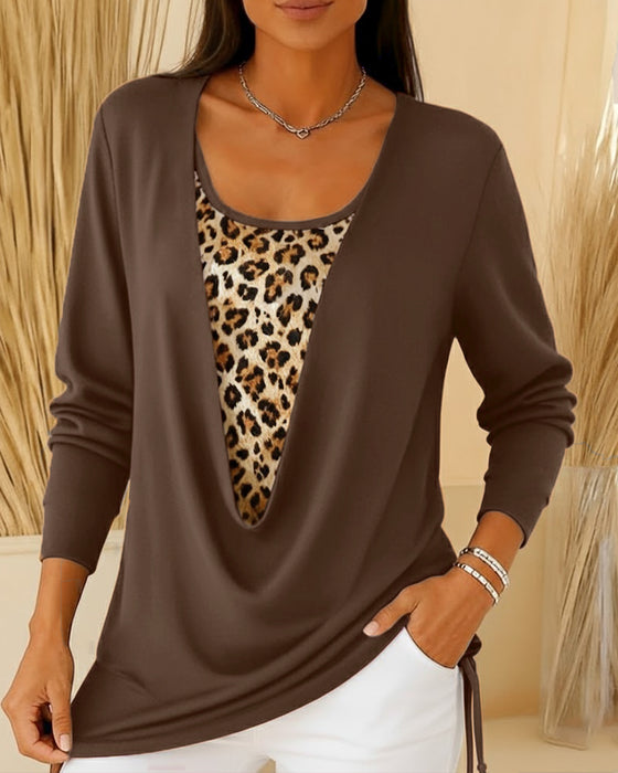 Fake Two-Piece Lace-Up Leopard Print T-Shirt