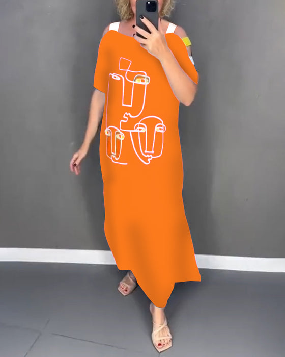 Cold Shoulder Hollow Print Slit Dress