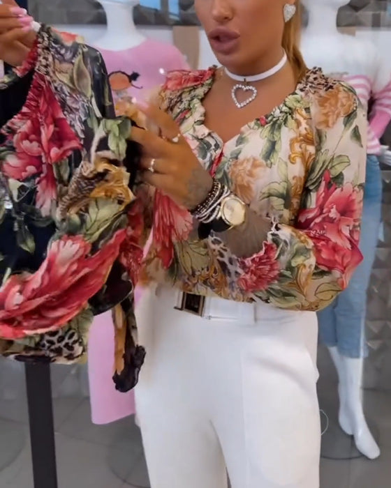 V-Neck Floral Print Blouse