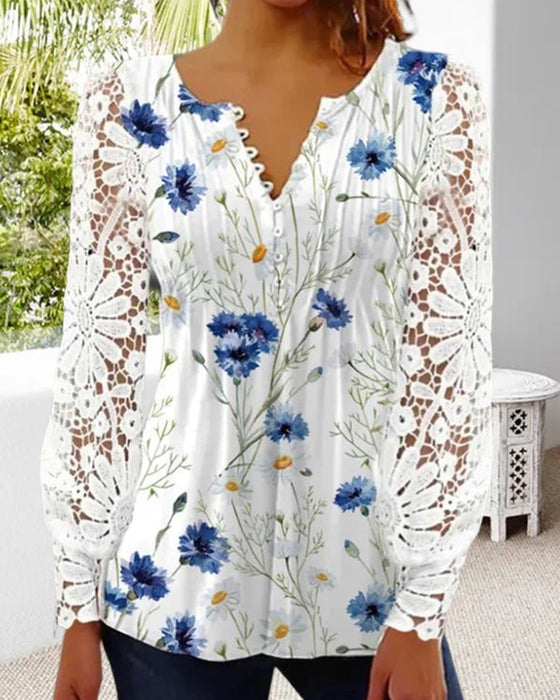 Floral pattern v-neck lace top