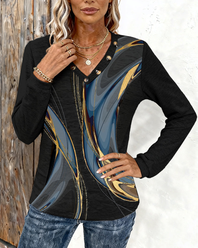 Printed V-Neck Long-Sleeved Casual Top