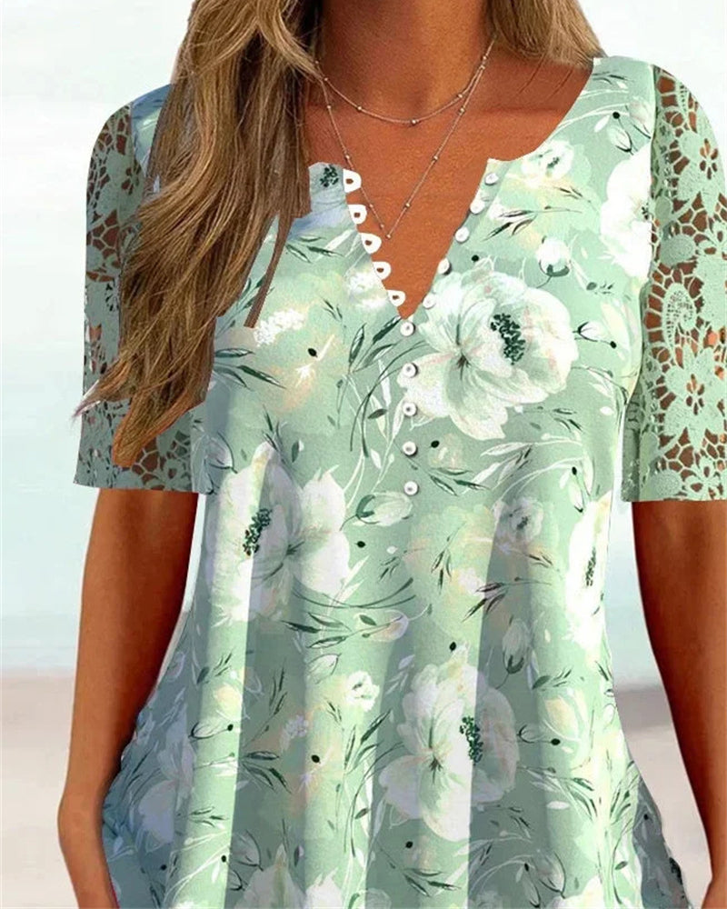 V-neck short sleeve printed blouse