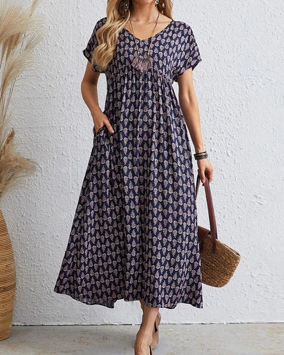 V neck short sleeve long dress