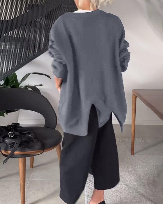 Solid color casual round neck slit sweatshirt