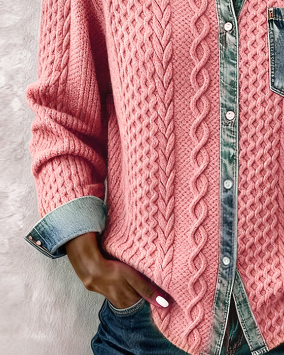 Long-Sleeved Denim Patchwork Shirt