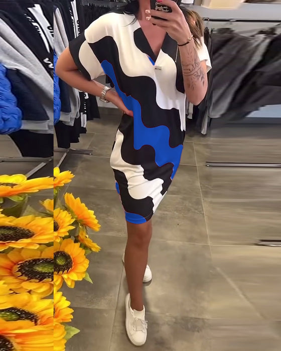 V-Neck Wave Print Dress