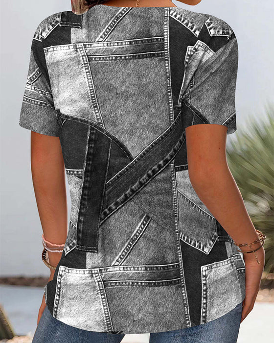 Vintage Denim Contrast Hollow Blouse