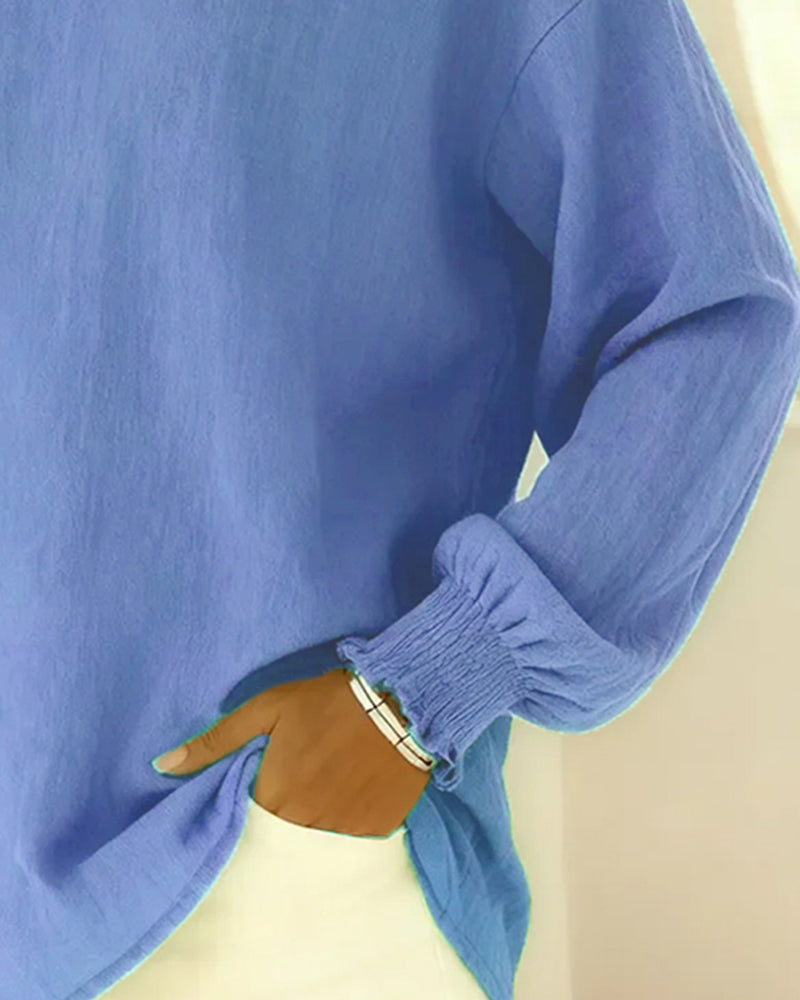 Cotton Lantern Sleeve Collared Solid Color Blouse