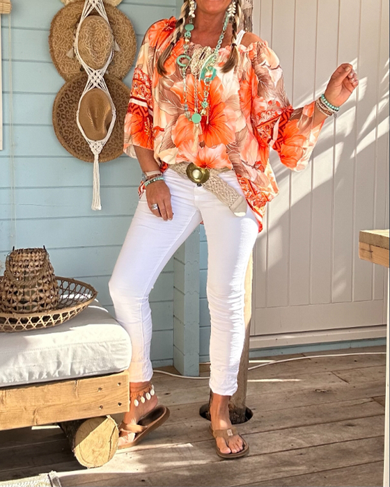 Off-Shoulder Resort Print Blouse