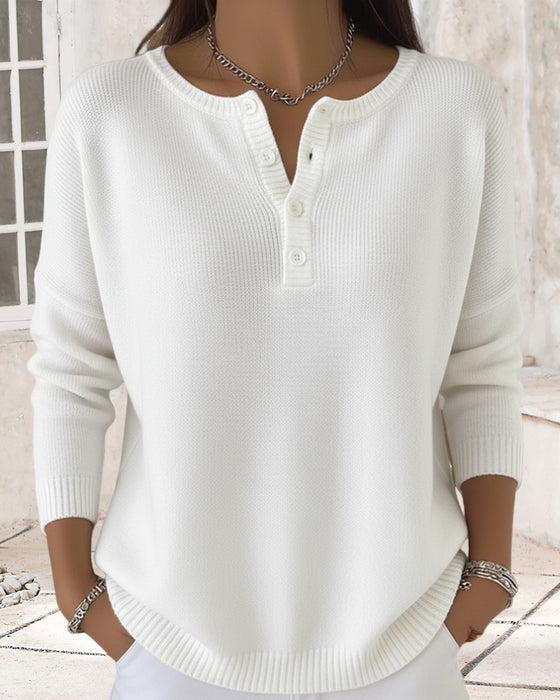 Long-Sleeved Button-Down Solid Color Sweater