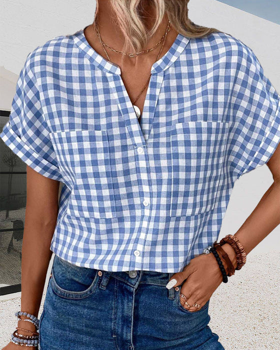 V-neck plaid print blouse