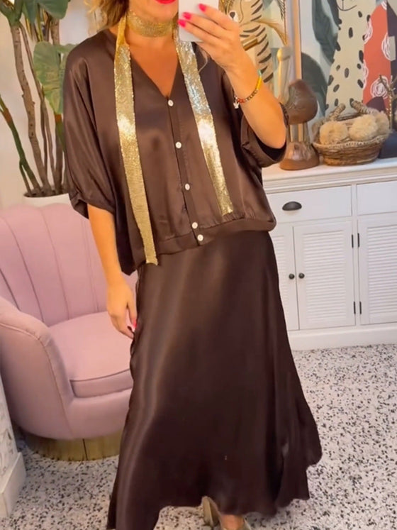 Casual solid color button V-neck skirt set