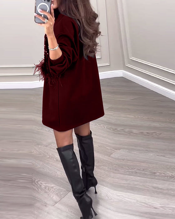 Fashion solid color sequin feather patchwork dress