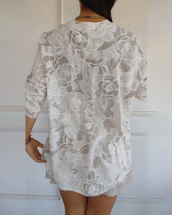 V-Neck Button-Down Printed Blouse