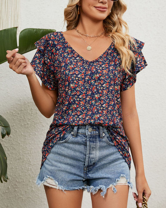 Floral Print T-shirt with Ruffle Sleeves