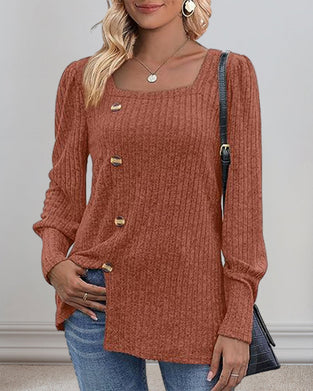 Button-Down Top with Square Neck and Puff Sleeve