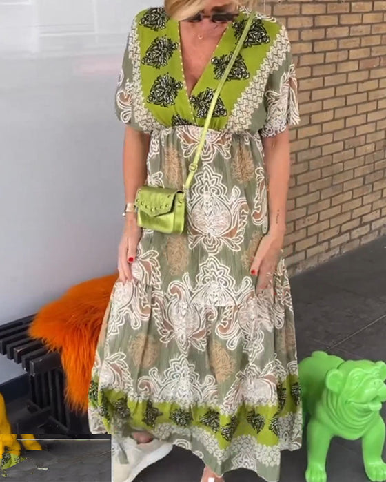 Casual v-neck printed short-sleeved dress