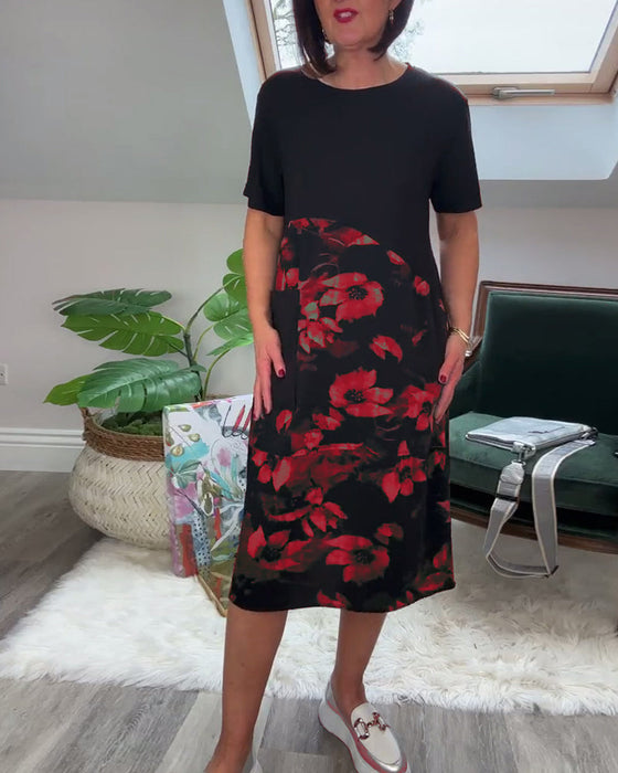 Casual round neck floral print patchwork dress