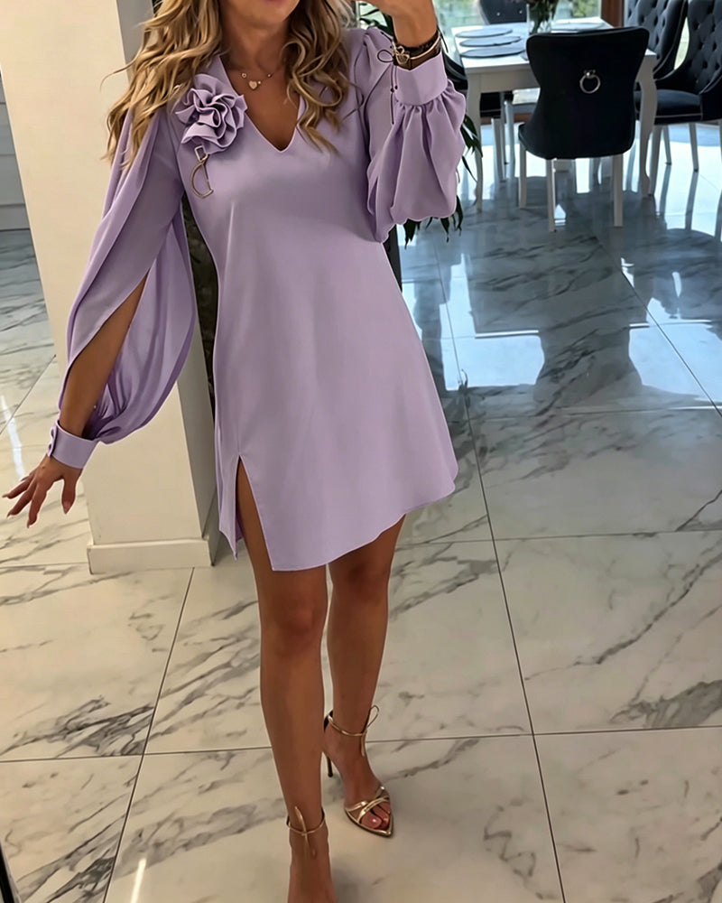 Three-Dimensional Flower V-Neck Lantern Sleeve Dress