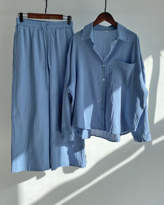 Solid color shirt pants two piece set