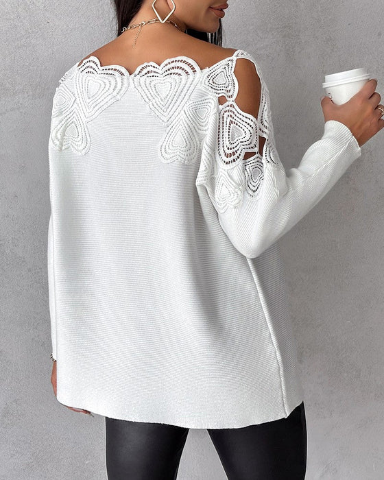 Lace patchwork solid color sweater
