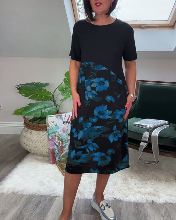 Casual round neck floral print patchwork dress