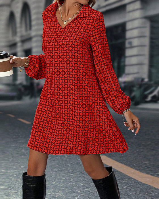 Lapel Long Sleeve Printed Dress