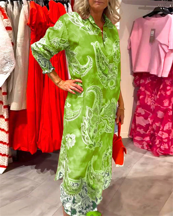 Stand Collar Long Sleeve Cashew Print Dress