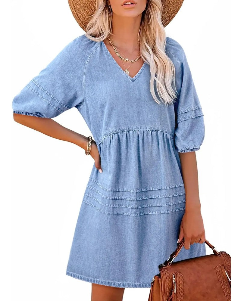 Denim V-Neck Puff Sleeve Dresses