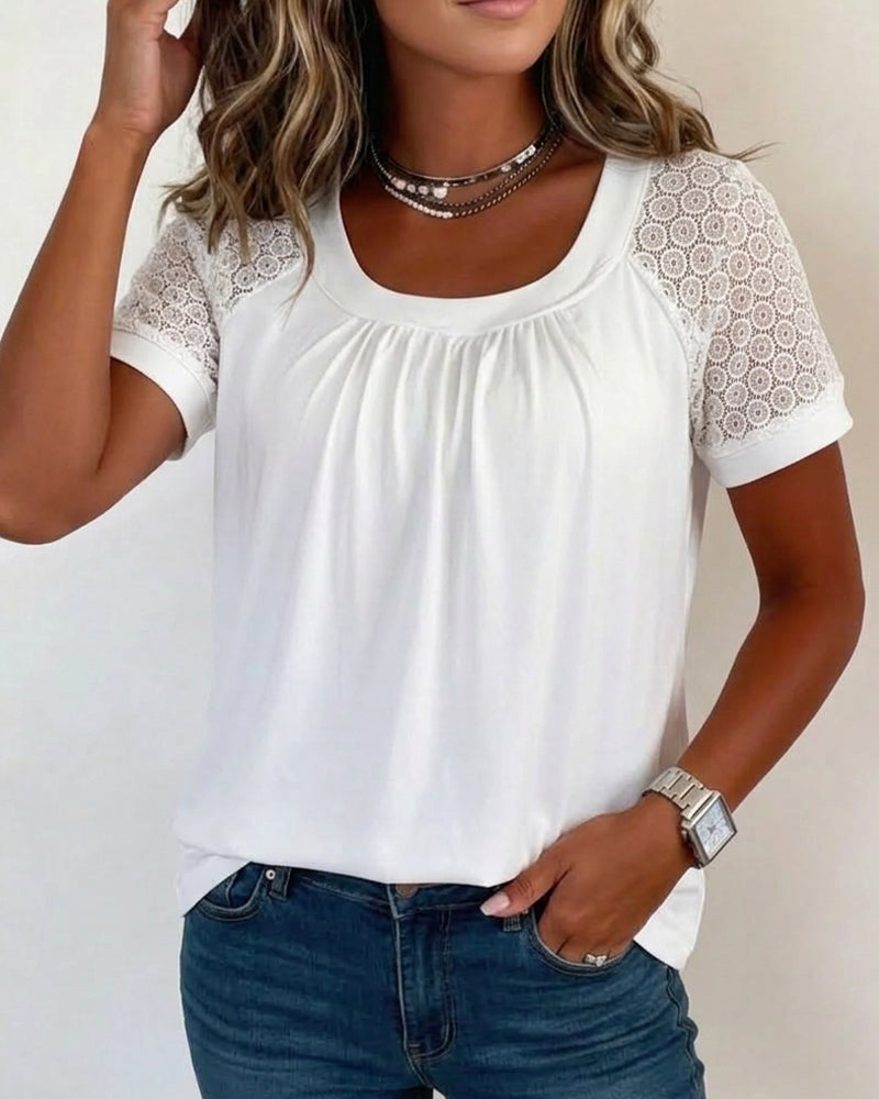 U-Neck Lace Raglan Short Sleeve T-Shirt