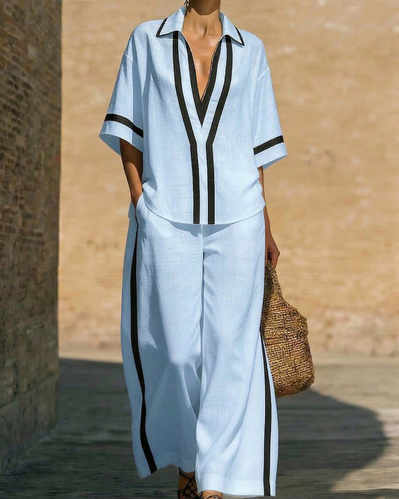 Loose Color Block Shirt Wide-Leg Pants Set