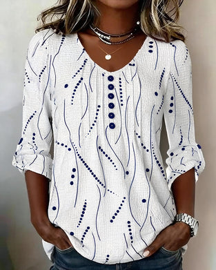 Striped V-Neck Button-Down Casual Top