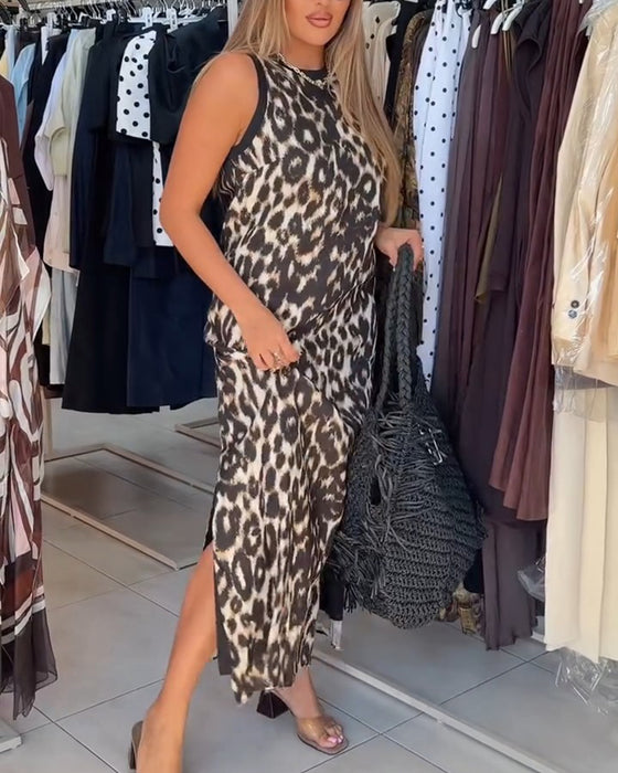 Crewneck Leopard Print Sleeveless Maxi Dress