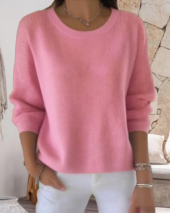 Solid Round Neck Drop Shoulder Sweater