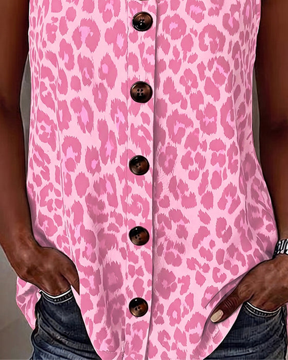 Leopard Spaghetti Strap Button Metal Buckle Tank Top