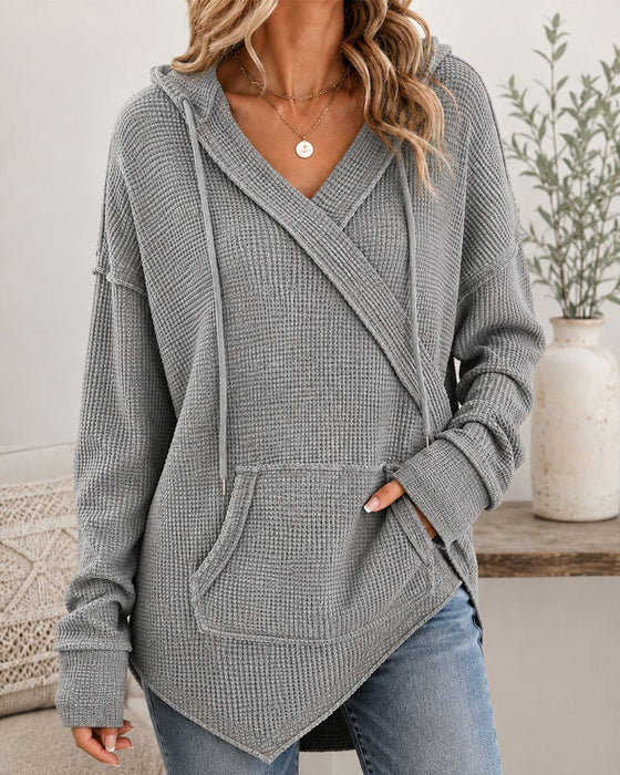 Waffle Drawstring Pocket Hoodie