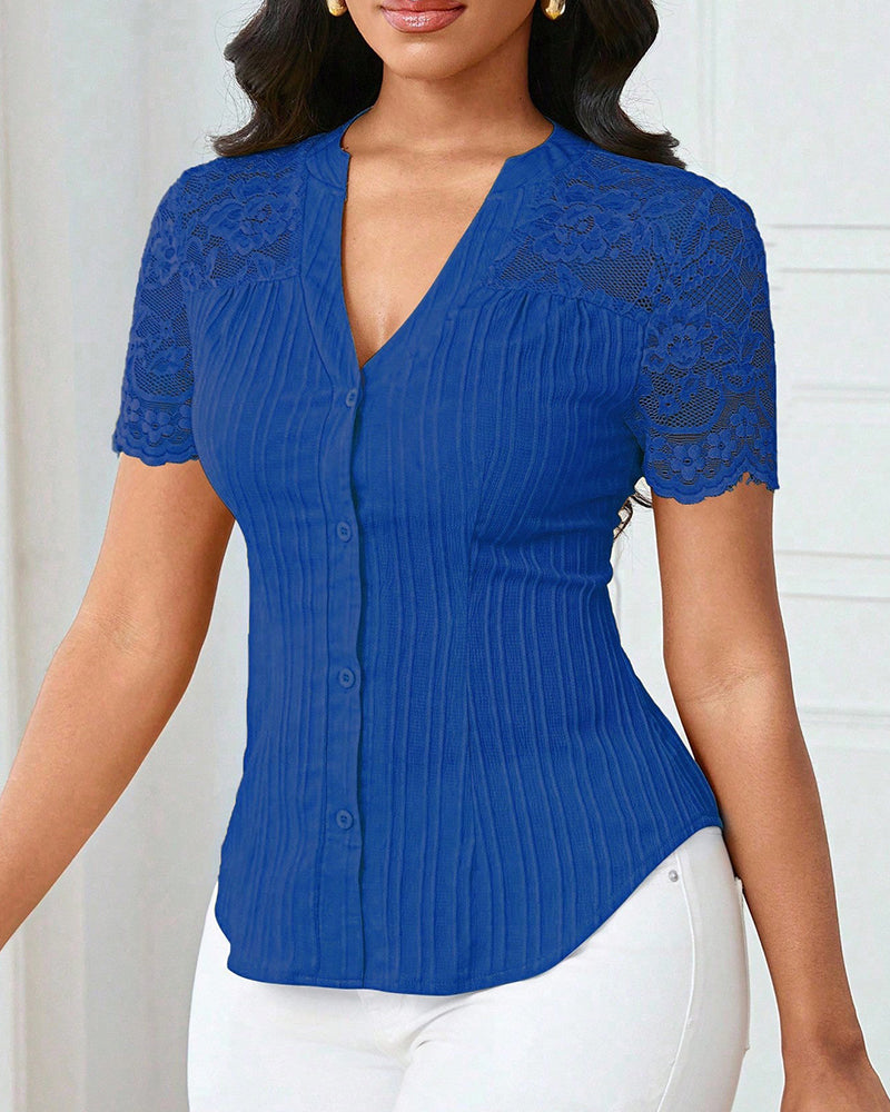 Single-Breasted Solid Color Hollow-Out Blouse