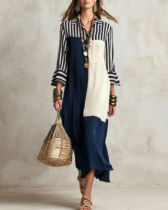 Color Block Striped Contrasting Shirt Dress