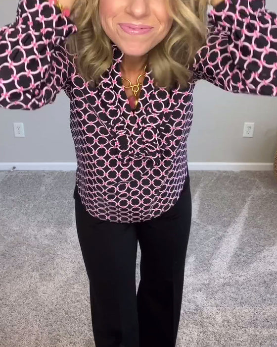 Geometric print stand collar slim fit fashion top