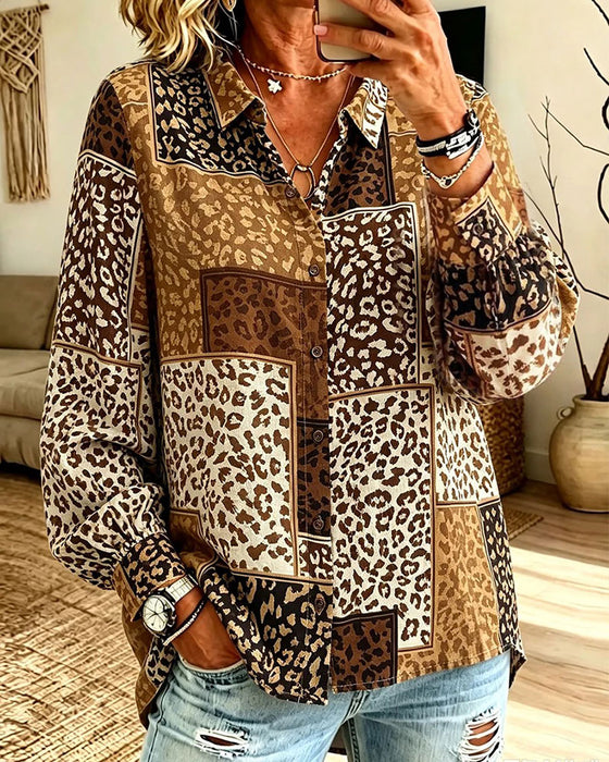 Lapel Button Leopard Plaid Shirt|