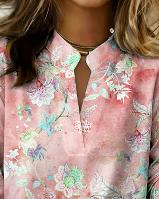 Stand-Up Collar Long-Sleeved Floral Blouse