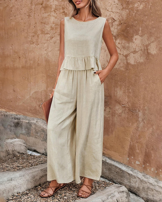 Sleeveless Round Neck Ruffle Wide Leg Set