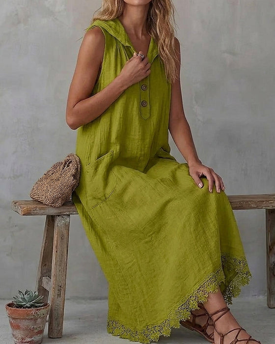 Hooded Sleeveless Lace Patchwork Dress
