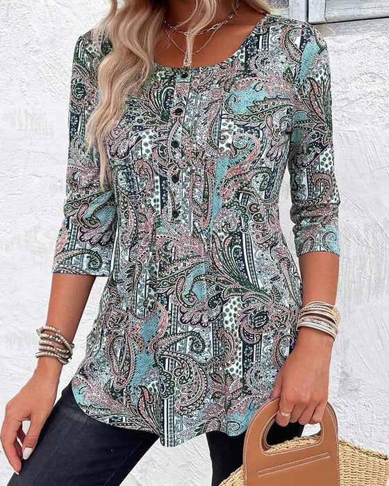 Three-Quarter Sleeve Vintage Print Blouse