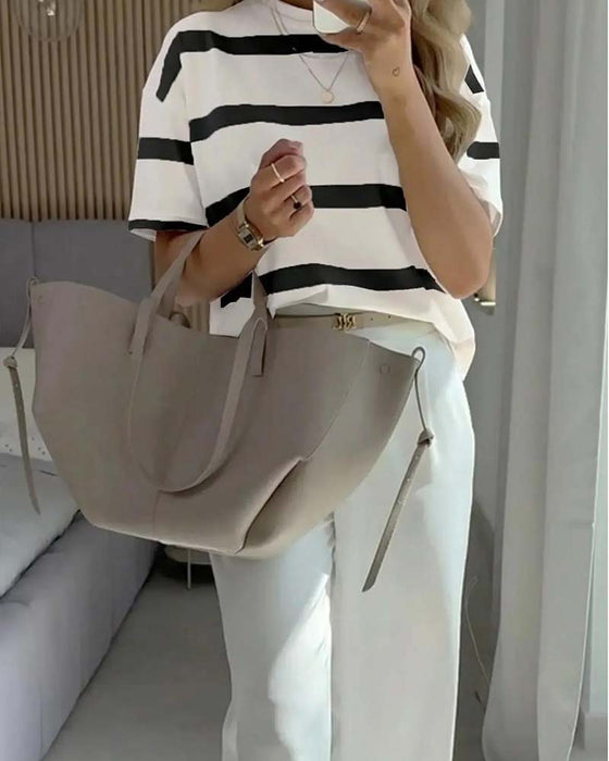 Round Neck Stripe Loose Casual T-Shirt