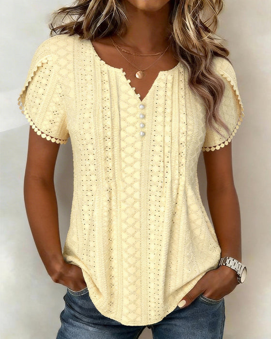 V-Neck Pearl-Button Lace Blouse